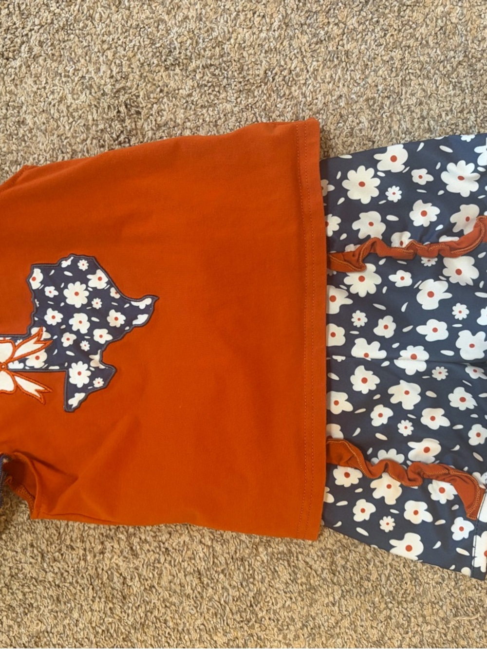 Girls Orange Top and Navy Floral Ruffle Shorts Set